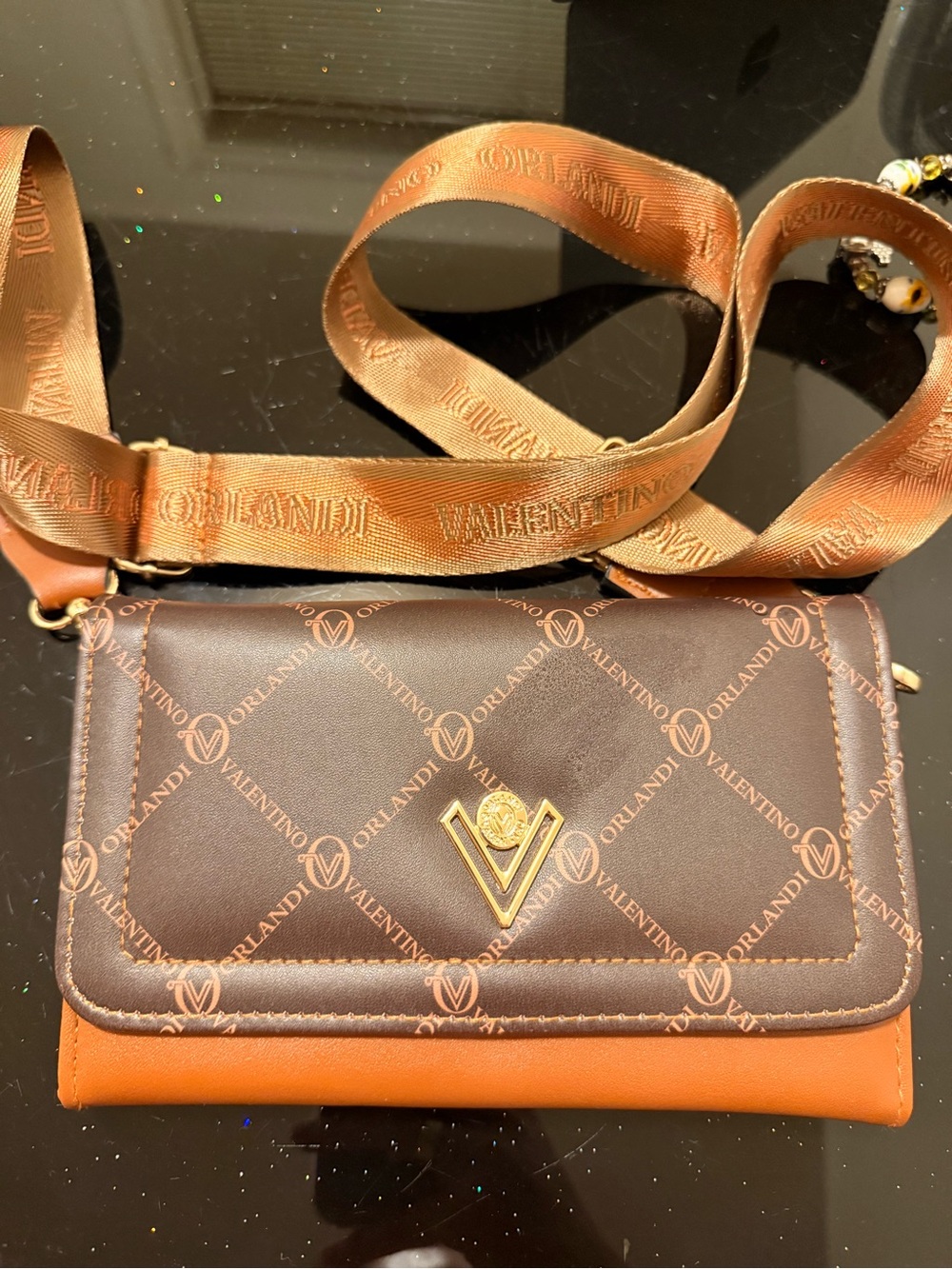 Valentino Orlandi Brown and Orange Logo Crossbody Bag